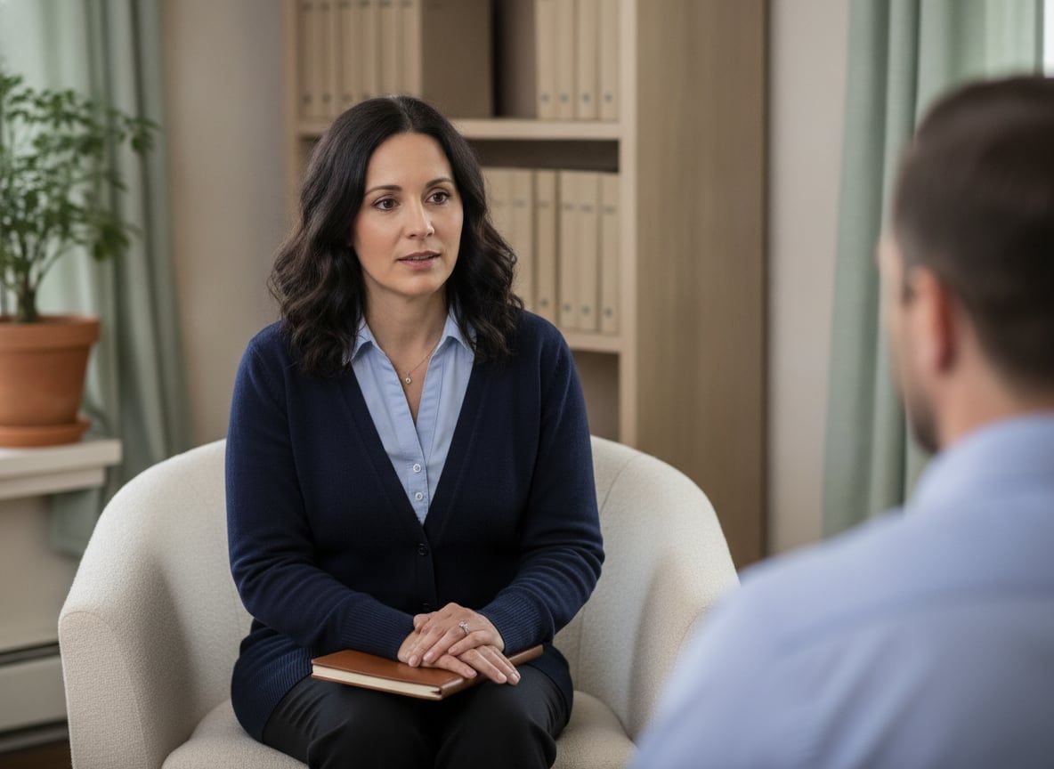A psychiatric nurse practitioner in a navy cardigan sits in a cream armchair with a closed notebook on her lap, listening to an adult patient seen from behind in a calm consultation office