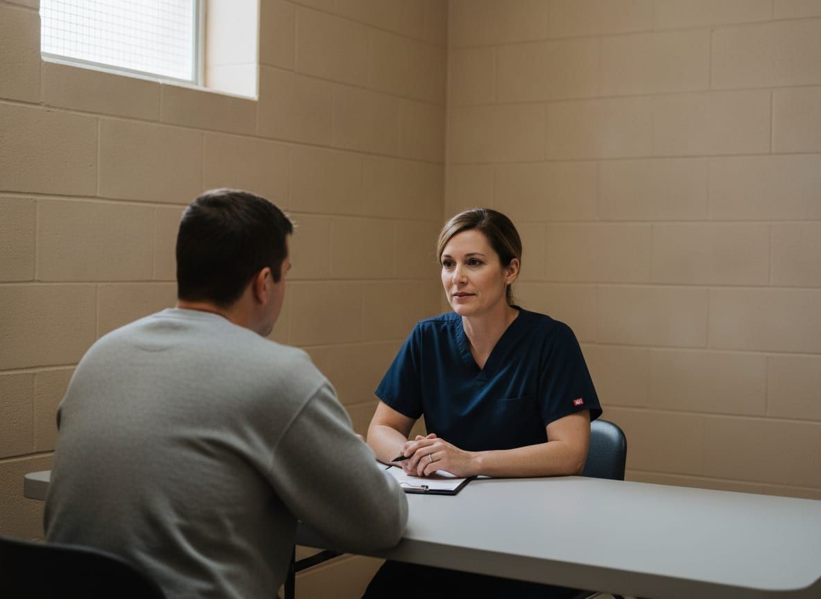 A nurse practitioner in navy scrubs listens to a man in a gray sweatshirt across a plain table in a beige cinder-block room with a small wire-mesh window, a clipboard and pen in front of her