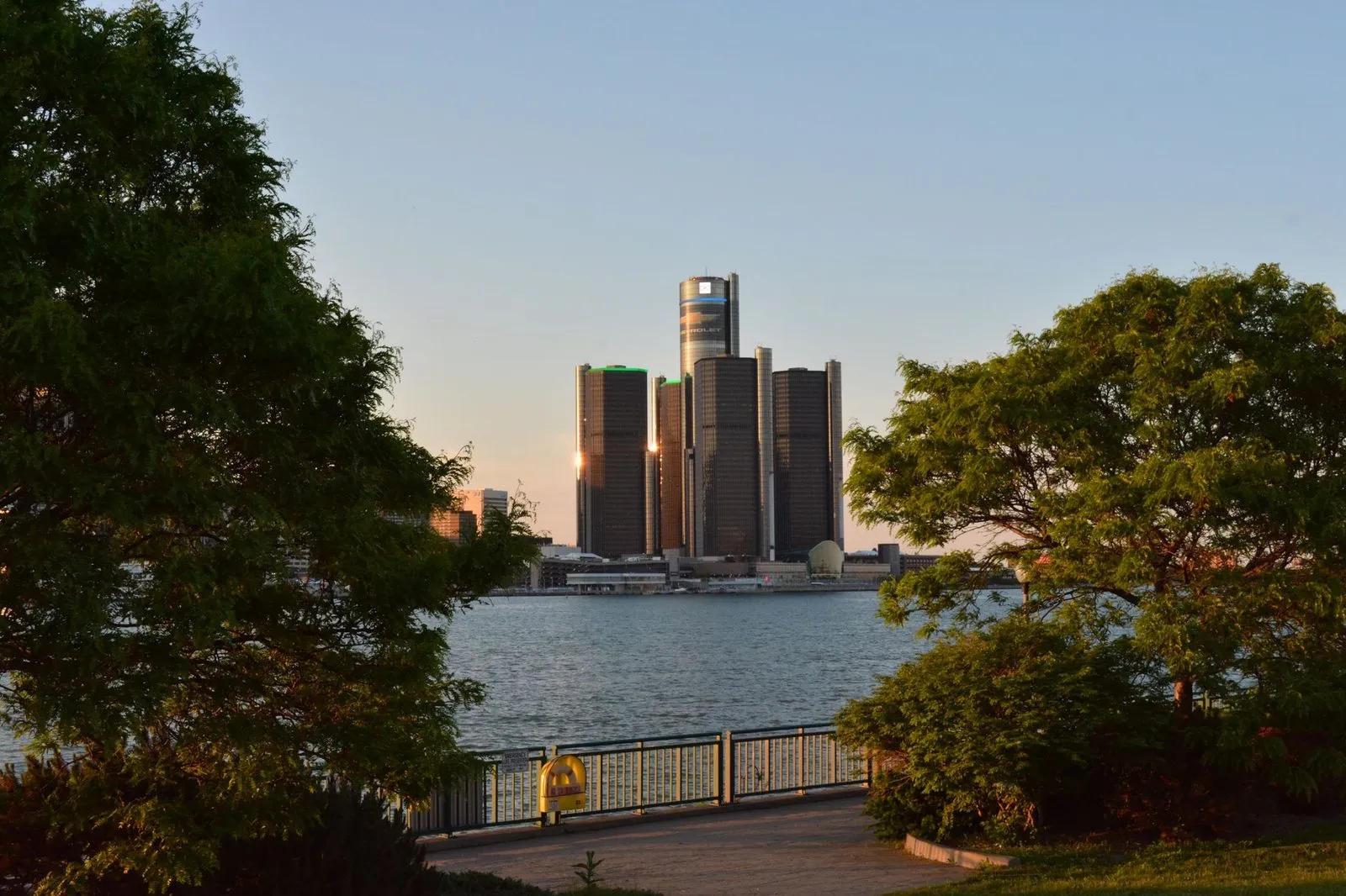 The Detroit skyline seen across the riverfront