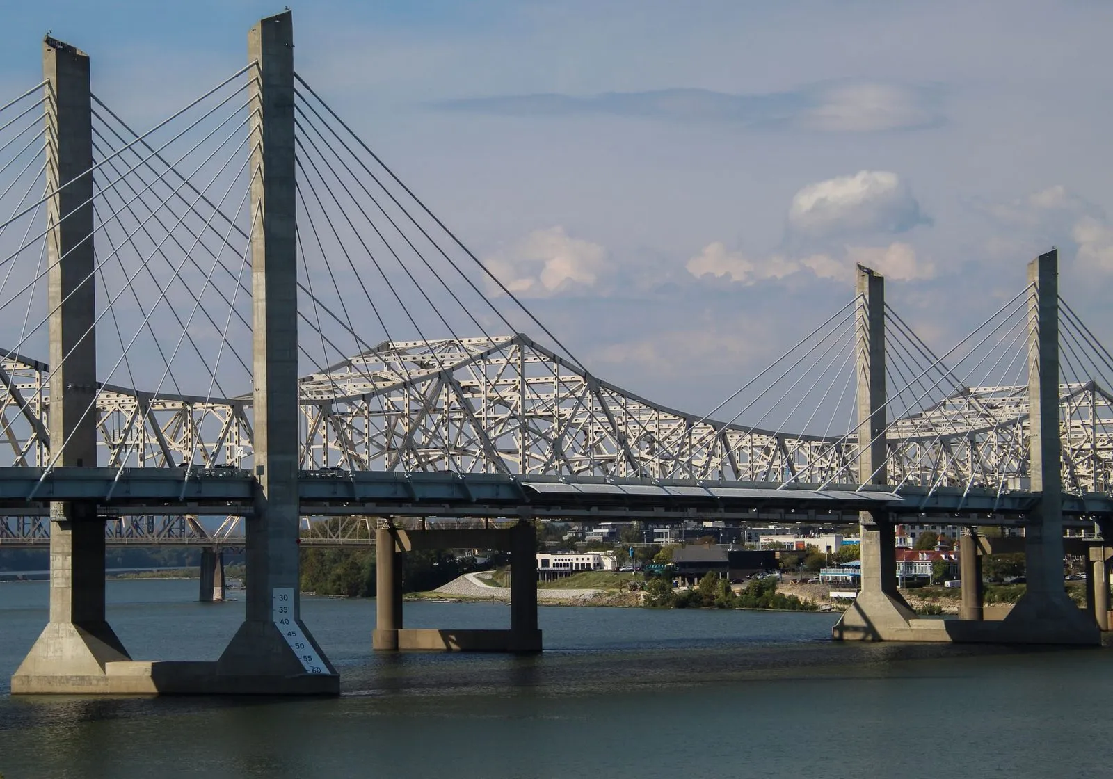 The Louisville skyline behind a bridge over the Ohio River