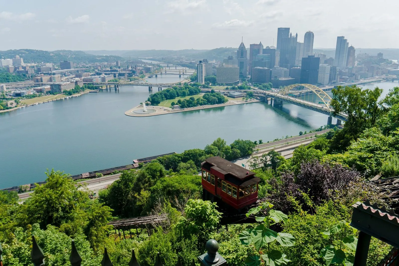 The downtown Pittsburgh wedge where two rivers meet, crossed by bridges