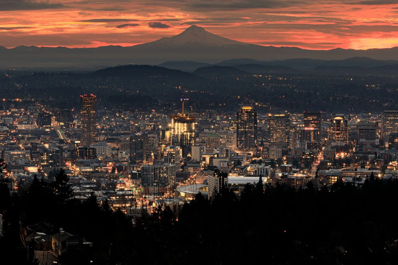 The Portland skyline with a snow-capped peak behind it