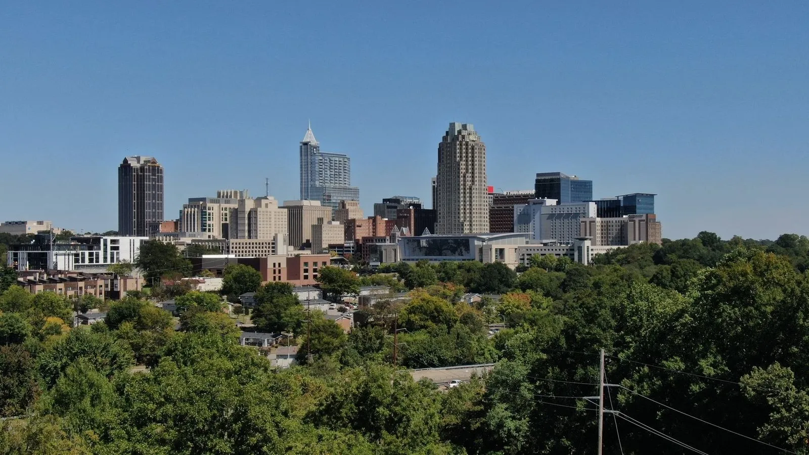 The compact downtown Raleigh skyline above the treeline