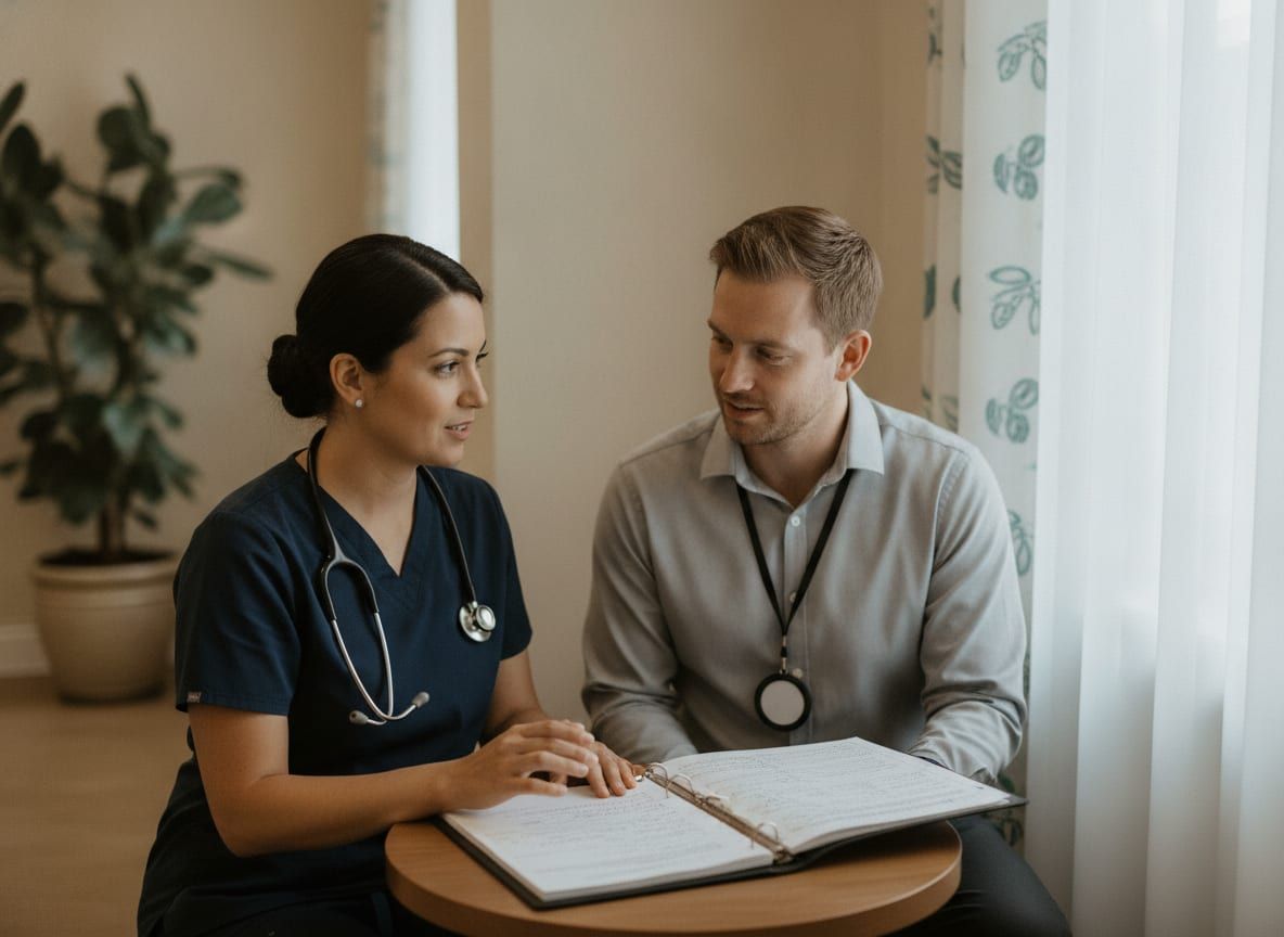 A clinician in navy scrubs with a stethoscope and a colleague in a gray shirt with a lanyard sit at a small round table reviewing an open binder by a curtained window